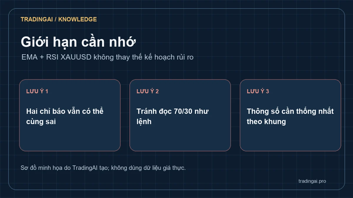 Ba giới hạn khi kết hợp EMA RSI: tín hiệu cùng nguồn giá, RSI 70/30 không là lệnh và thông số phụ thuộc khung