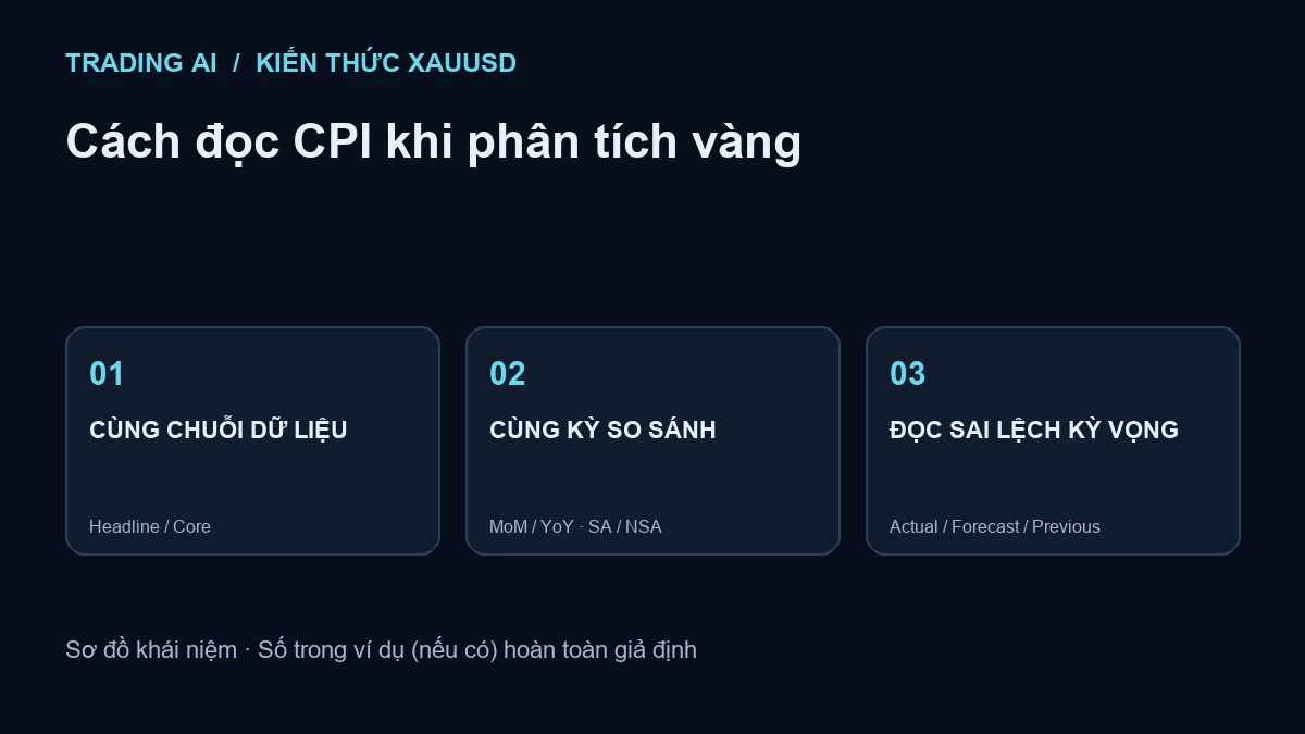 Sơ đồ cách đọc CPI khi phân tích vàng: Headline / Core; MoM / YoY · SA / NSA; Actual / Forecast / Previous