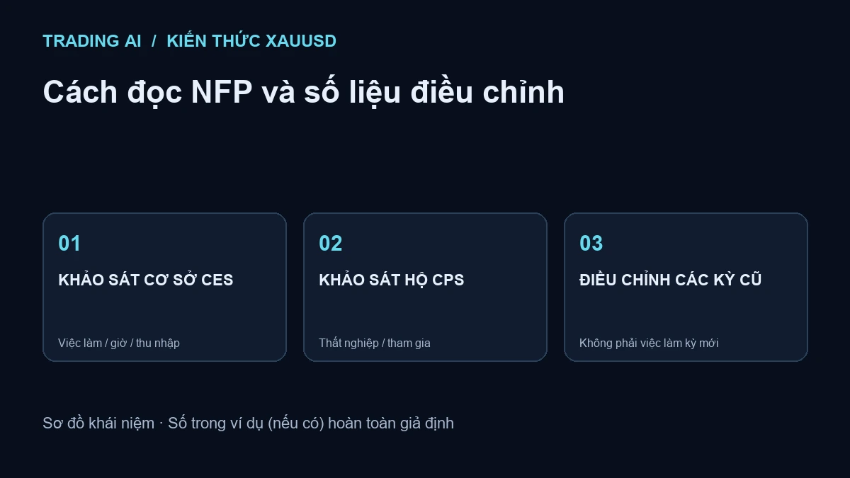Sơ đồ cách đọc NFP và số liệu điều chỉnh: Việc làm / giờ / thu nhập; Thất nghiệp / tham gia; Không phải việc làm kỳ mới