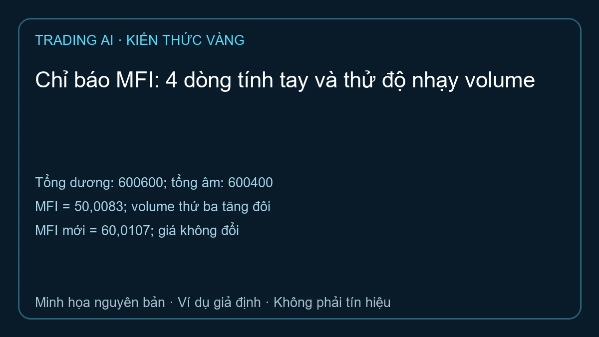 Chỉ báo MFI: tổng dương 600600 và tổng âm 600400 giả định