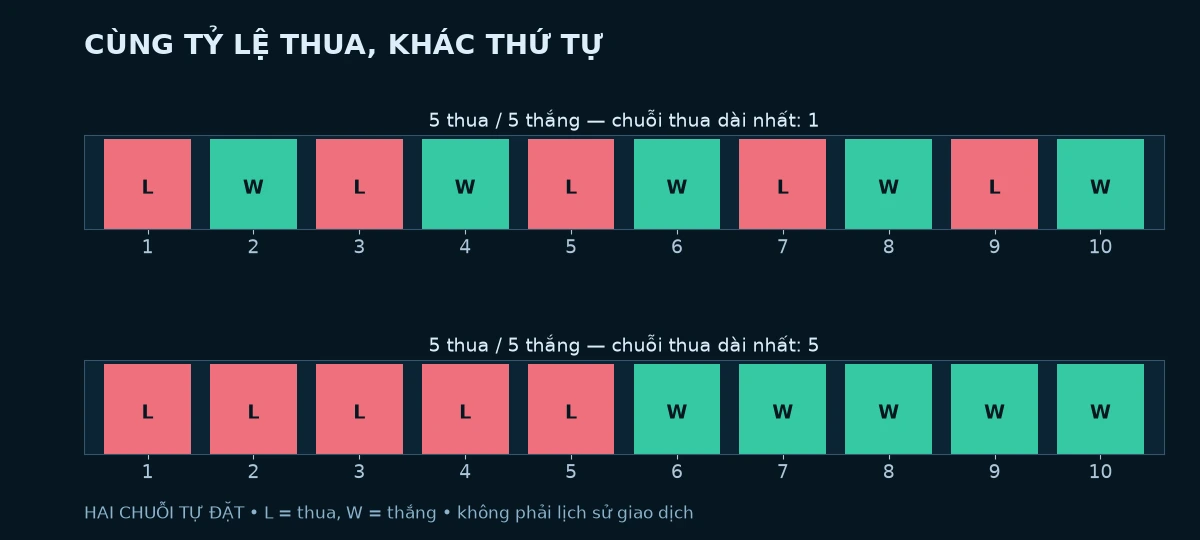 Hai chuỗi giả định cùng năm lần thua nhưng chuỗi dài nhất lần lượt một và năm