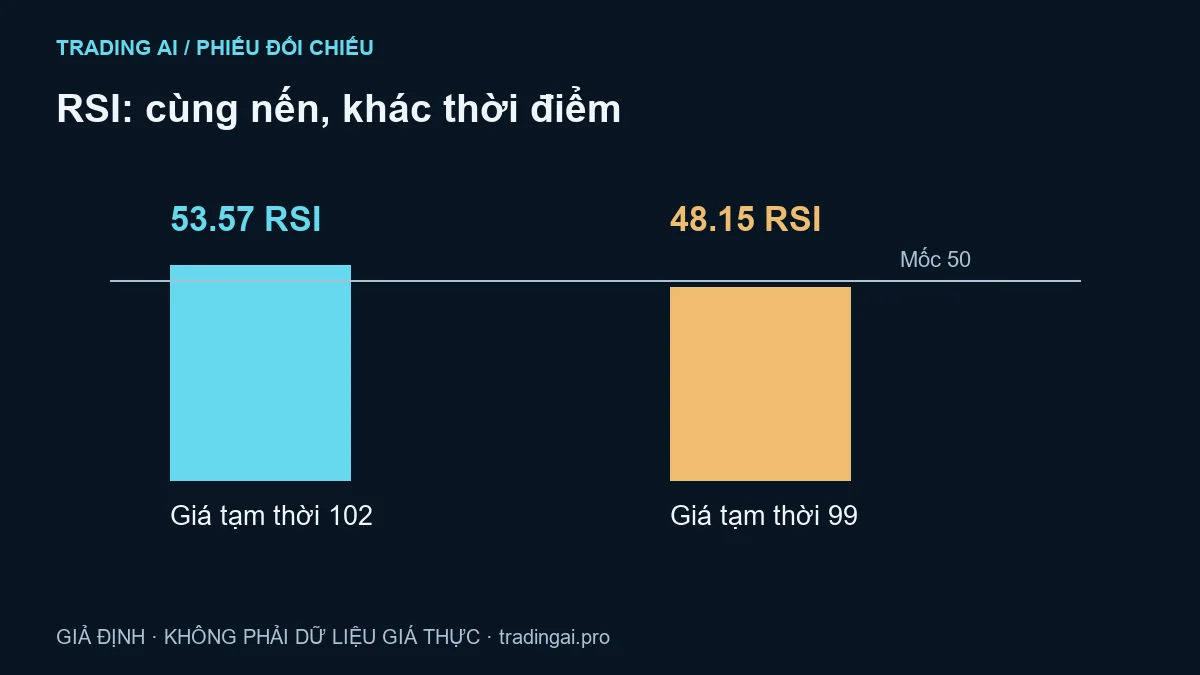 RSI dùng Close: vì sao số trên nến đang chạy vẫn đổi? — sơ đồ số học giả định, không phải dữ liệu giá thực