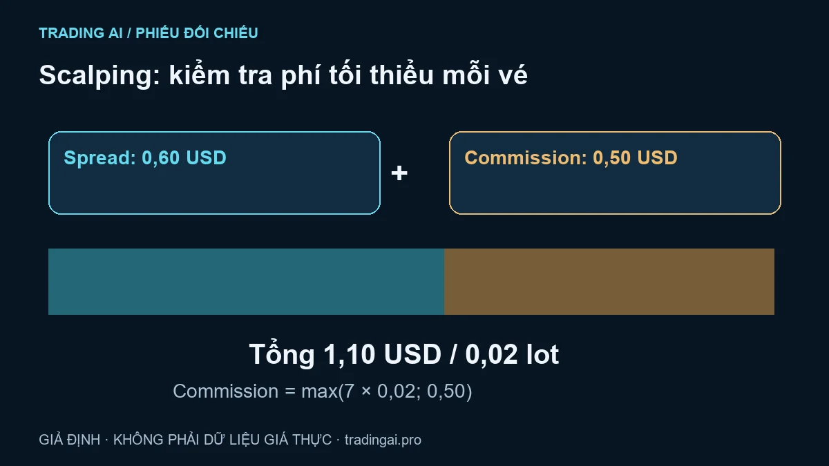 Scalping M5 với phí tối thiểu mỗi vé: không luôn chia chi phí theo lot — sơ đồ số học giả định, không phải dữ liệu giá thực