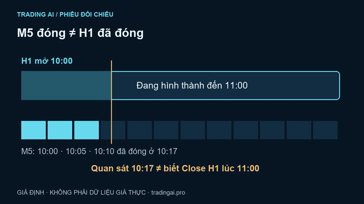 M5 đã đóng nhưng H1 chưa đóng: tránh dùng tương lai để giải thích quá khứ — sơ đồ số học giả định, không phải dữ liệu giá thực