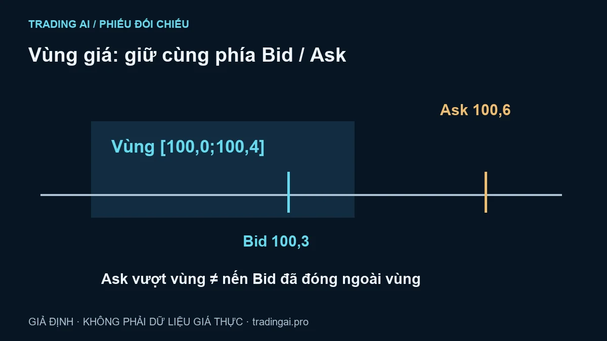 Giá Ask vượt vùng nhưng nến Bid chưa vượt: đó có phải phá vỡ? — sơ đồ số học giả định, không phải dữ liệu giá thực