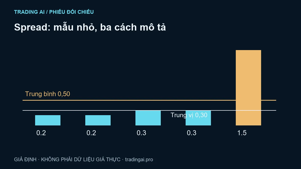 Spread trung bình và trung vị: một ảnh chụp chưa đại diện cả phiên — sơ đồ số học giả định, không phải dữ liệu giá thực