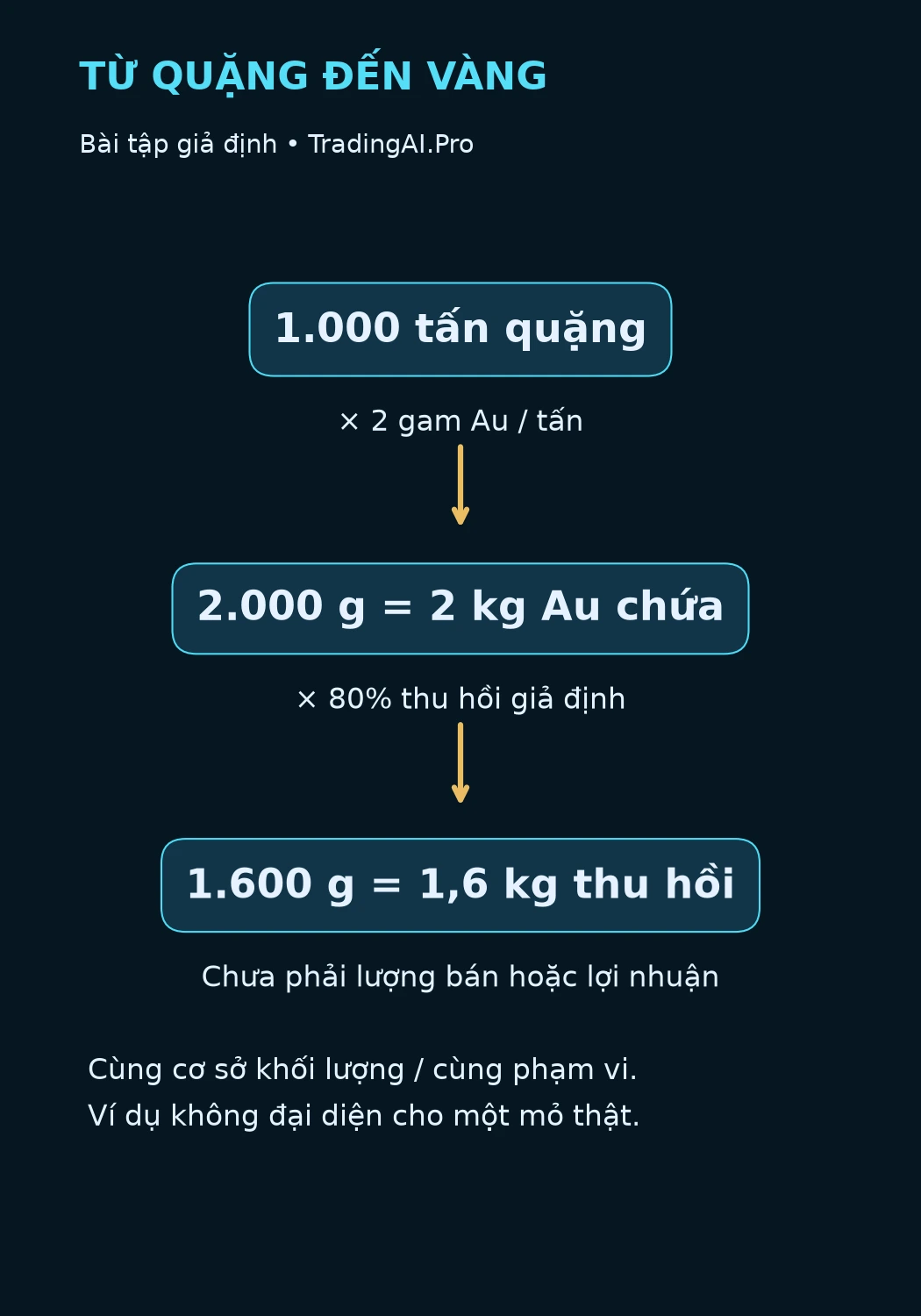 Hàm lượng quặng vàng: 1.000 tấn nhân 2 g/t thành 2 kg, thu hồi giả định 80% còn 1,6 kg