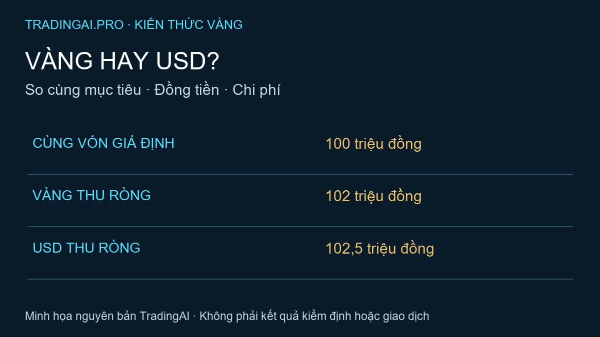 So sánh giả định cùng vốn 100 triệu: vàng thu ròng 102 triệu, USD 102,5 triệu