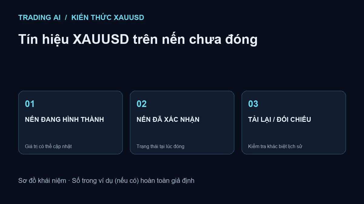 Sơ đồ tín hiệu XAUUSD trên nến chưa đóng: Giá trị có thể cập nhật; Trạng thái tại lúc đóng; Kiểm tra khác biệt lịch sử