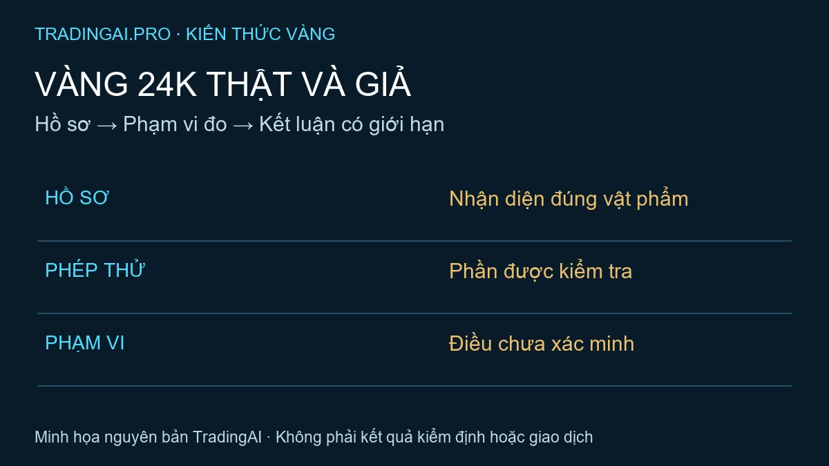 Vàng 24K thật và giả: phân biệt công bố, vùng kiểm tra và kết luận