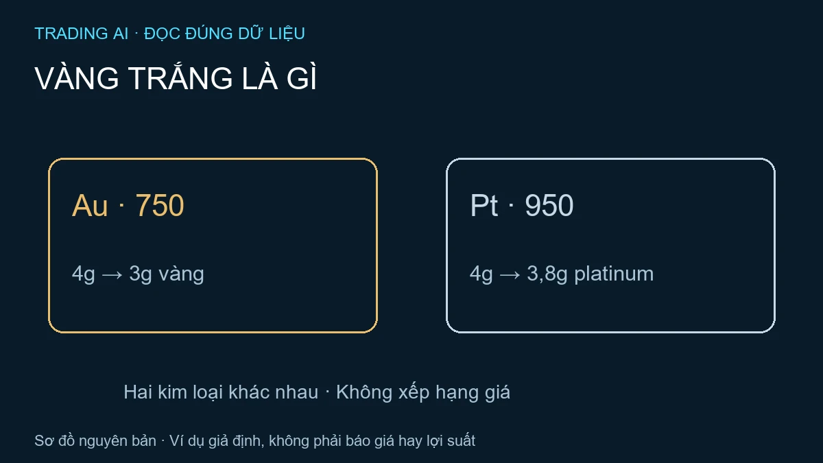 Vàng trắng là gì? Phân biệt hợp kim Au với bạch kim Pt, đọc nhãn 750 và Pt950, tách lớp phủ khỏi hàm lượng và giá mua lại.