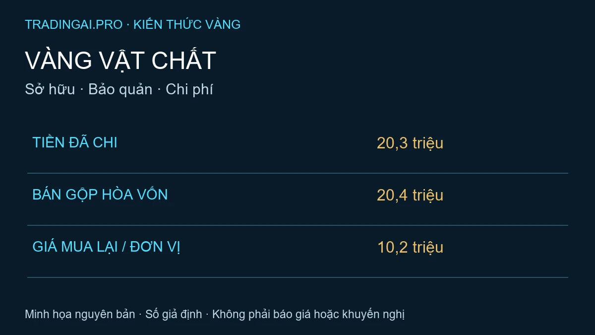 Vàng vật chất: ví dụ giả định tổng chi phí 20,3 triệu và giá mua lại hòa vốn 10,2 triệu mỗi đơn vị